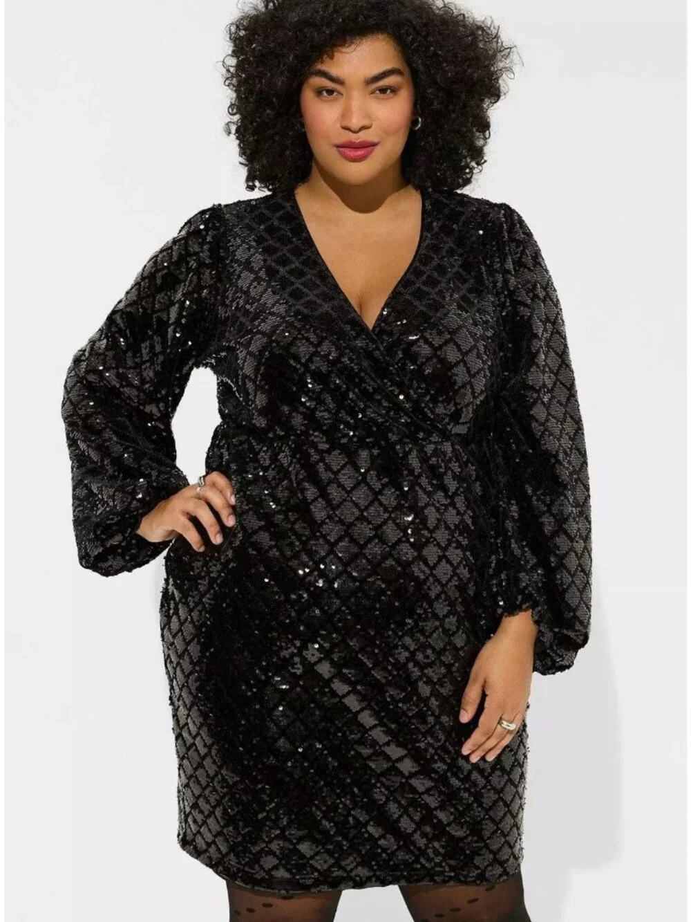 Torrid Black Sequin Surplice Mini Dress Size 22 Long Sleeve and Pockets New - Picture 2 of 12